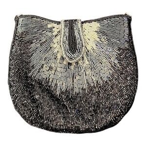 Vintage Beaded Evening Bag OS Black Silver Gold Art Deco Sunburst Clutch